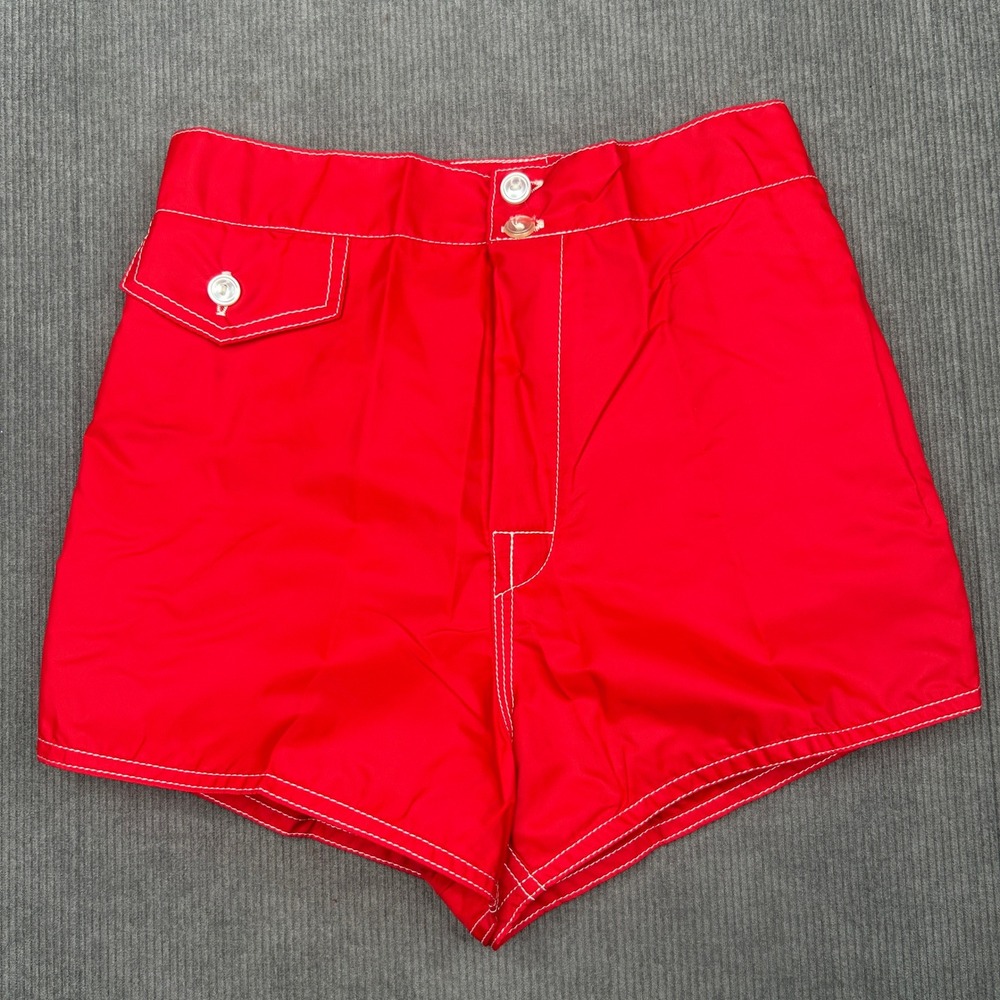 Birdwell Beach Britches Board Shorts Red Nylon Surf Trunks Size 26 Vintage Style